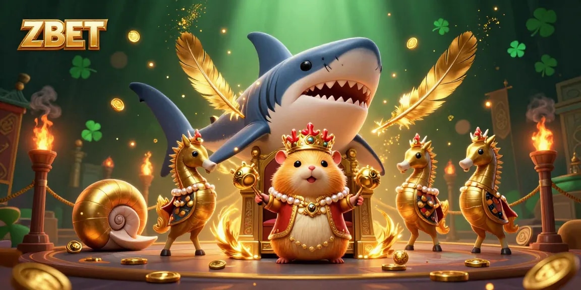 ZBET features a golden hamster king on a megalodon throne surrounded by seahorse guards, capturing engaging casino action.