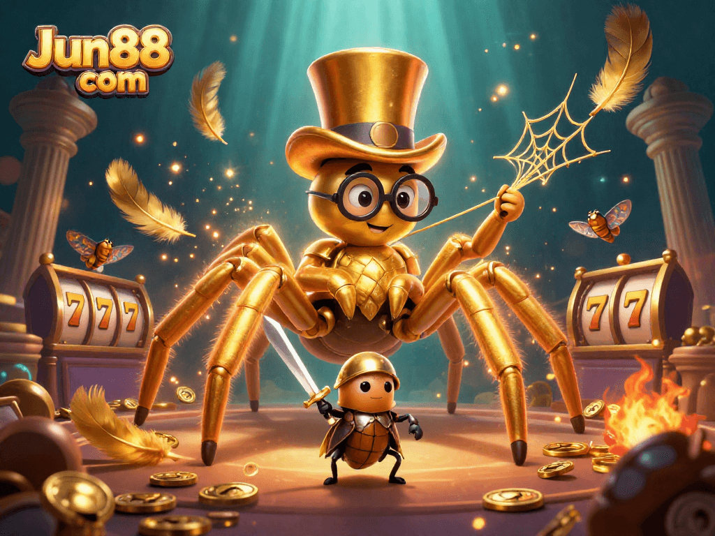 Experience the excitement of Jun88 com with this vibrant casino scene featuring a giant tarantula.