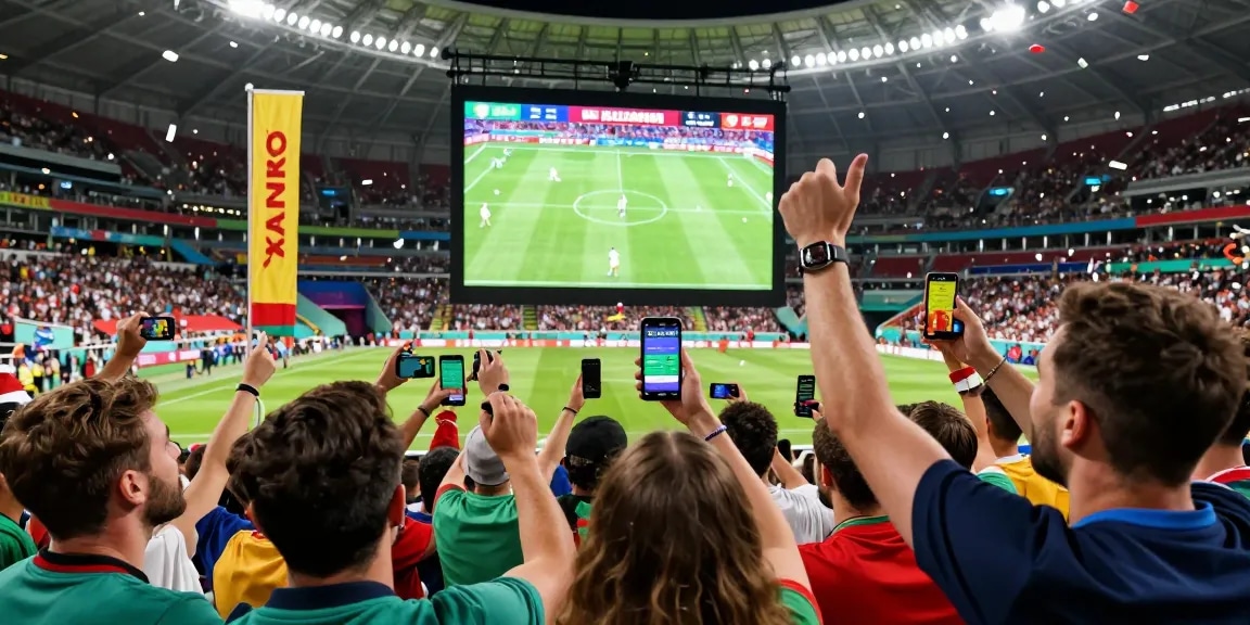 Wettanbieter für die Fussball WM: Fans jubeln während des Spiels, Smartphone mit Wett-App in der Hand.