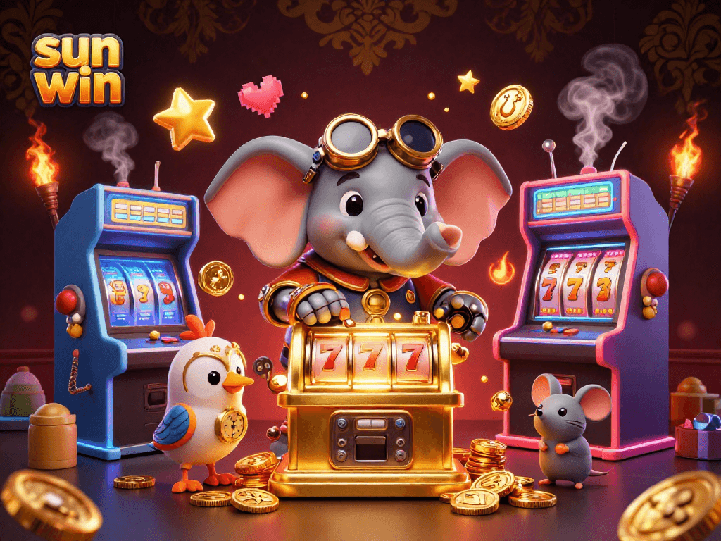 Engage with the exciting slot experience at sun win featuring a cartoon elephant engineer at a golden slot machine.