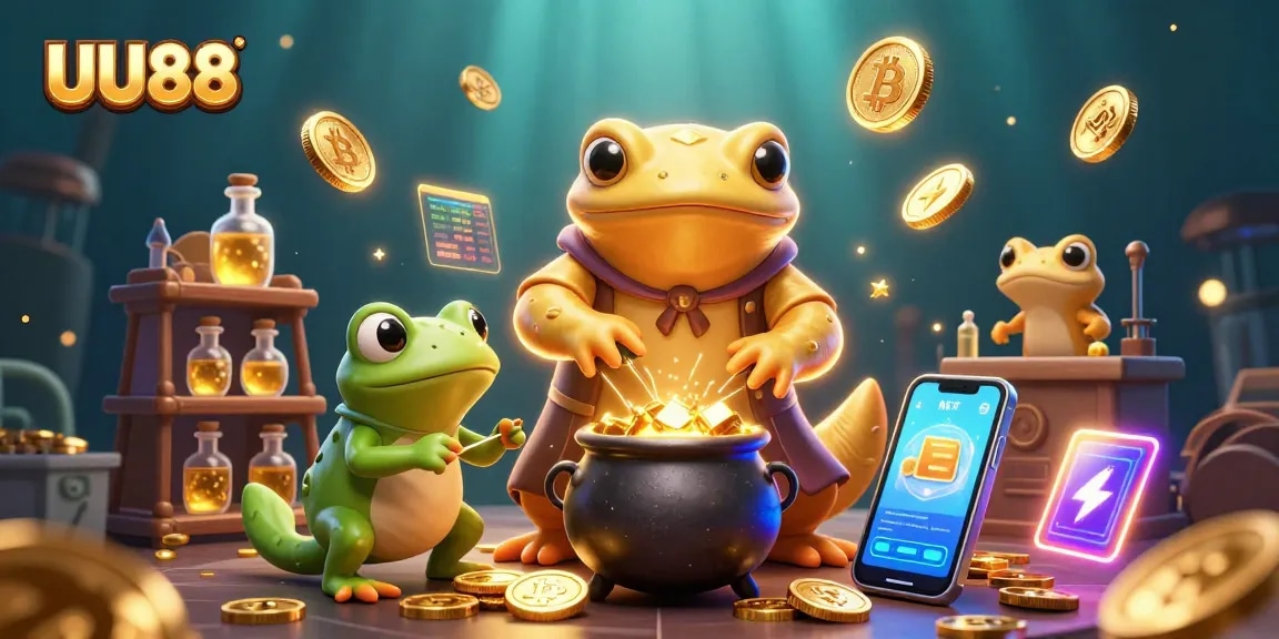 Experience UU88's enchanting alchemy in this vibrant 3D casino scene filled with gold and crypto elements.