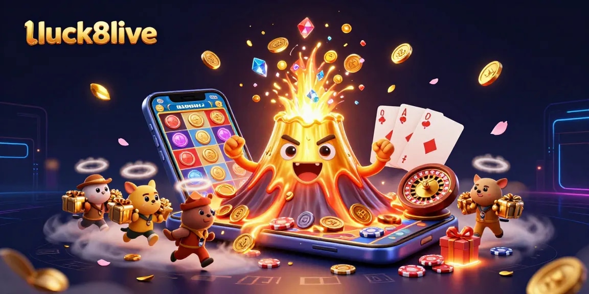 Enjoy thrilling gaming at luck8live with vibrant golden treasures erupting in this 3D illustration.