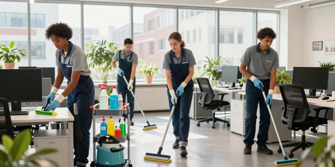 Professionelle Gebäudereinigung Düsseldorf im modernen Büro mit umweltfreundlichen Reinigungsprodukten.