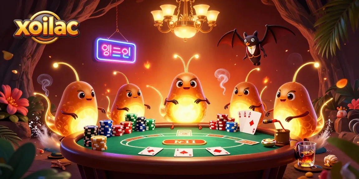 Experience the thrilling ambiance of a cave casino with glowworms lighting it up in this xoilac illustration.