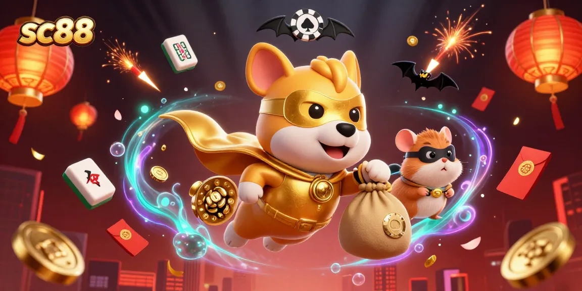 sc88 inspires high-stakes fun featuring a superhero dog, poker chips, and festive casino elements