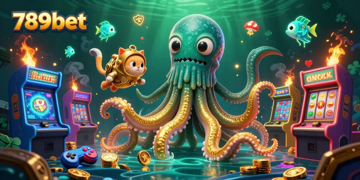 Spin winning reels and jackpots with 789bet featuring a kraken and treasure in a vibrant arcade scene.