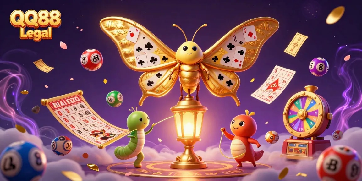 Engage with QQ88 Legal casino action featuring a vibrant 3D scene of games and patterns.