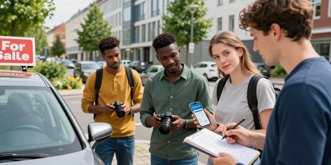 Kfz Versicherung Dortmund: Junge Erwachsene vergleichen Autoversicherungspreise in Dortmund, während sie an einem modernen Gebäude stehen.