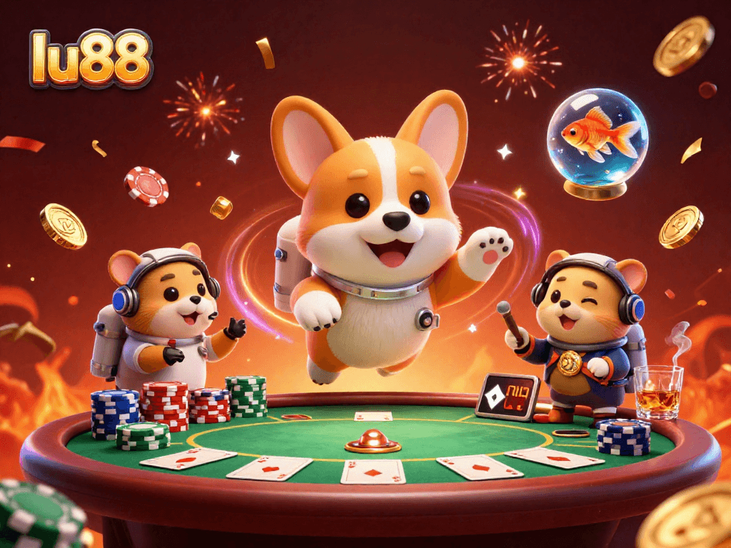 Experience thrilling games at lu88 with a cartoon astronaut corgi in a vibrant space casino scene.