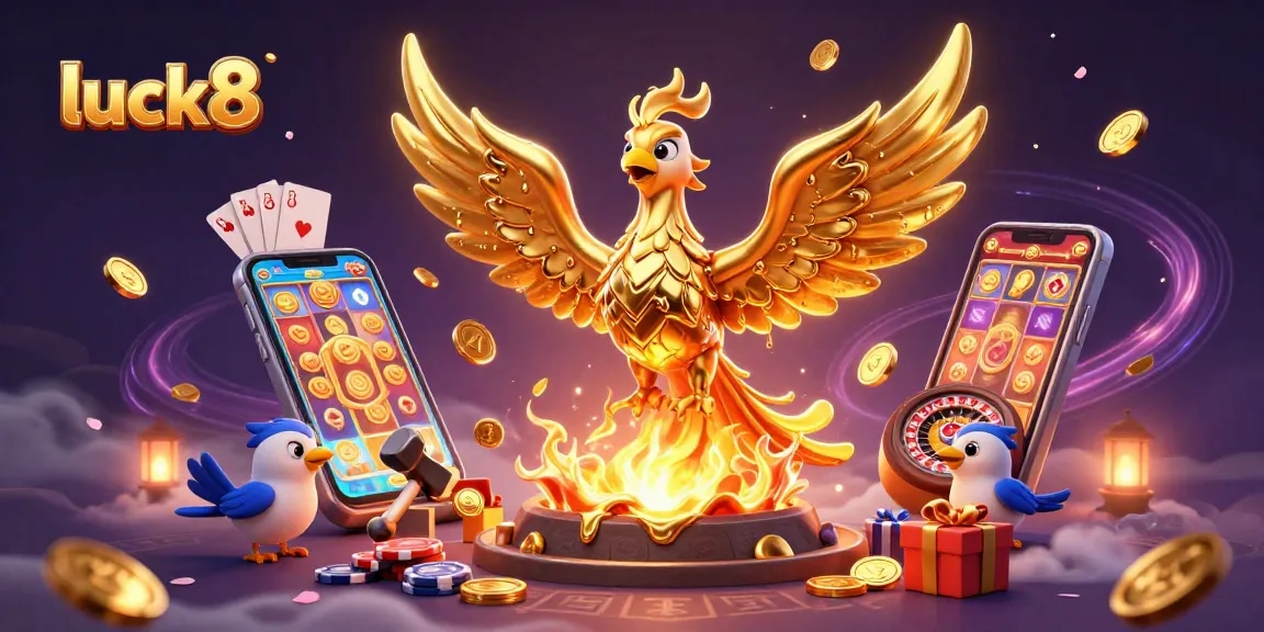 Experience the thrilling luck8 adventure with a golden phoenix and slot games in a dynamic casino illustration.