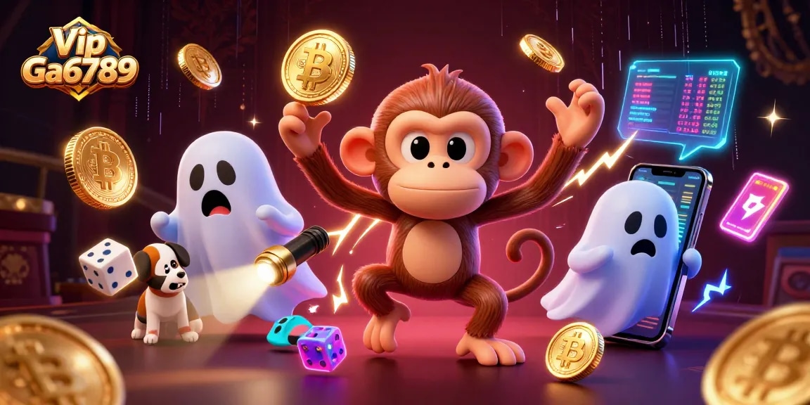 Watch the playful poltergeist monkey juggling golden coins at Vip Ga6789's haunted casino.