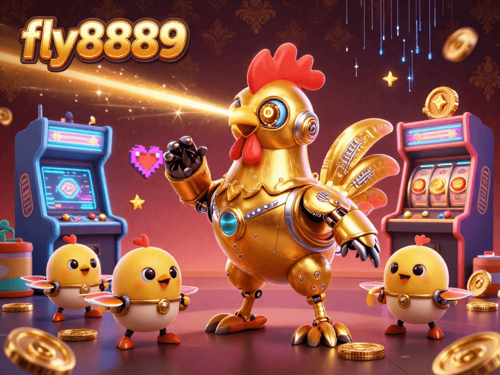 Engage in exciting adventures at fly8889 with a vibrant 3D gaming illustration featuring a futuristic golden rooster and arcade fun.