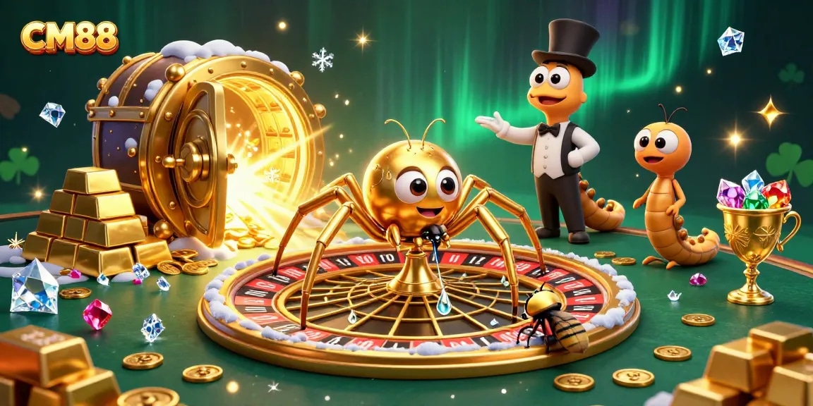 Experience thrilling bets at CM88 with a golden spider and centipede croupier spinning a roulette web.