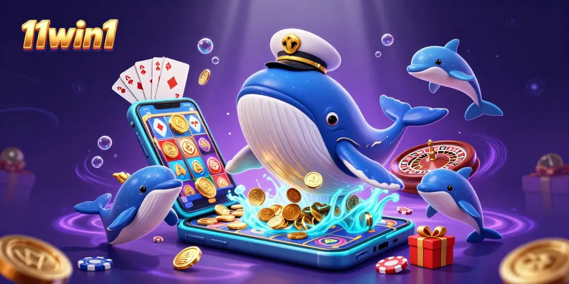 Engage with thrilling 11win1 underwater casino adventure featuring whale, narwhal, dolphins, and slot games.