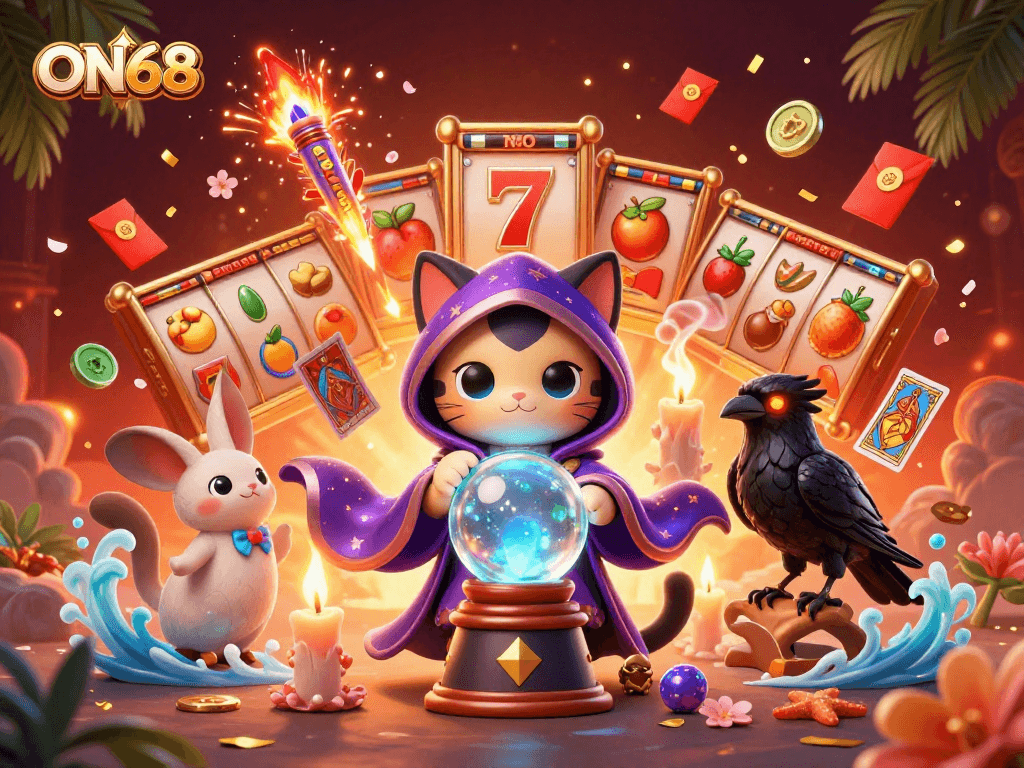 Experience the thrill of winning with ON68's vibrant 3D casino scene featuring slot reels and mystical characters.