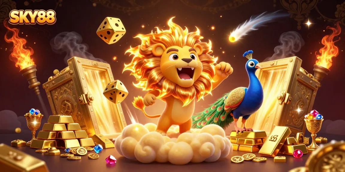 Experience the thrill of SKY88 with dynamic casino elements and a roaring lion in stunning 3D.
