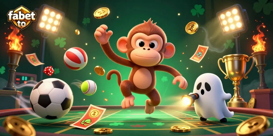 Experience the thrill of fabet to with a lively, haunted casino scene featuring a poltergeist monkey and a ghost-hunter puppy.