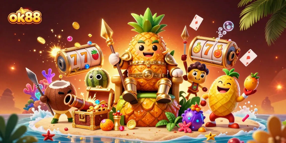 Experience the vibrant ok88 casino adventure with golden pineapple king and lively game elements.
