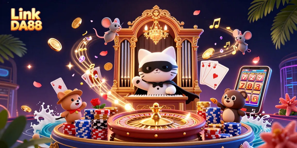Experience thrilling gameplay with Link DA88 at an ornate casino with captivating characters and dynamic symbols.
