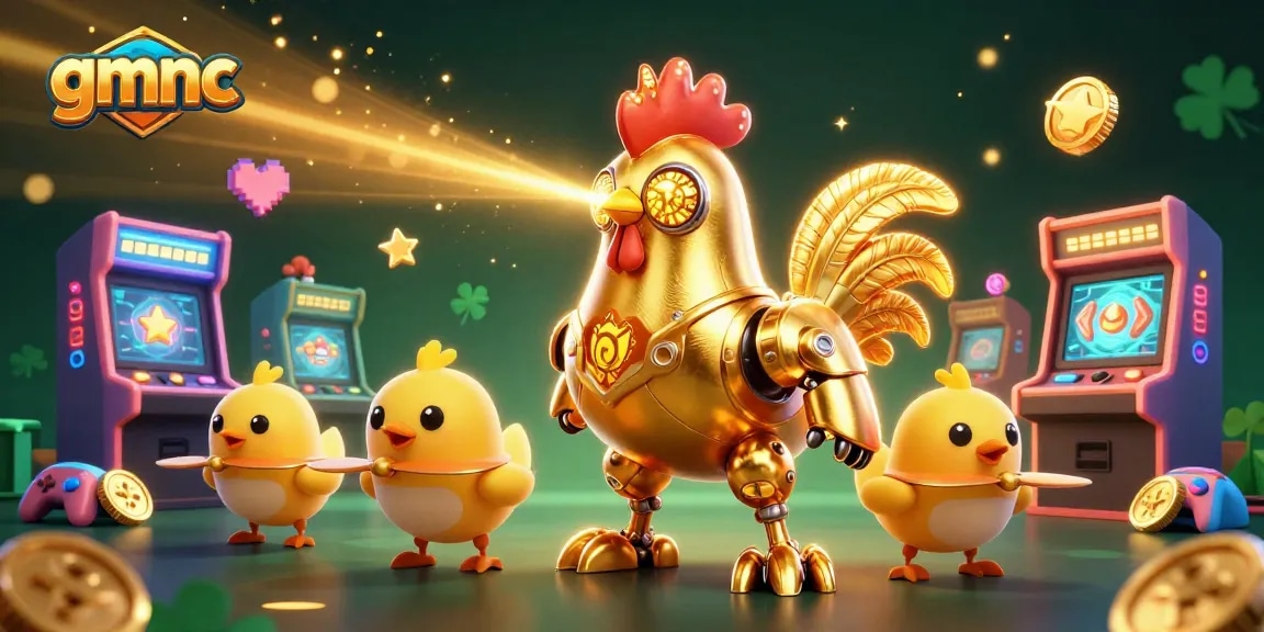 Engage with gmnc's playful golden rooster robot as it challenges players in a vibrant arcade casino!