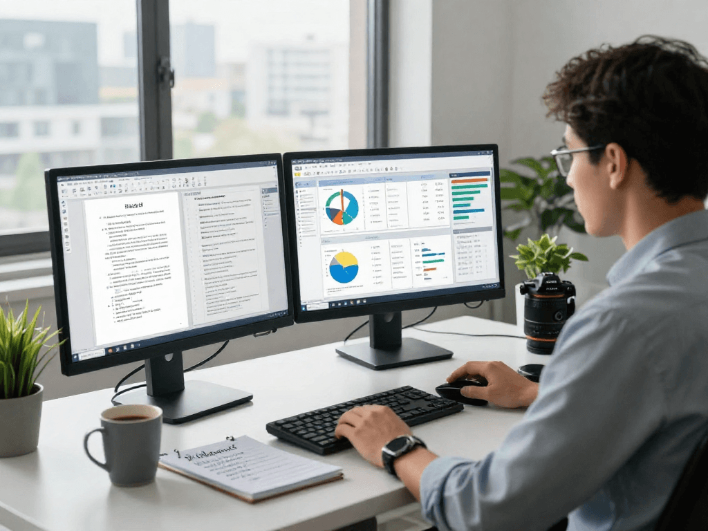 Document fraud detection process with analyst reviewing analysis tools in a modern office.