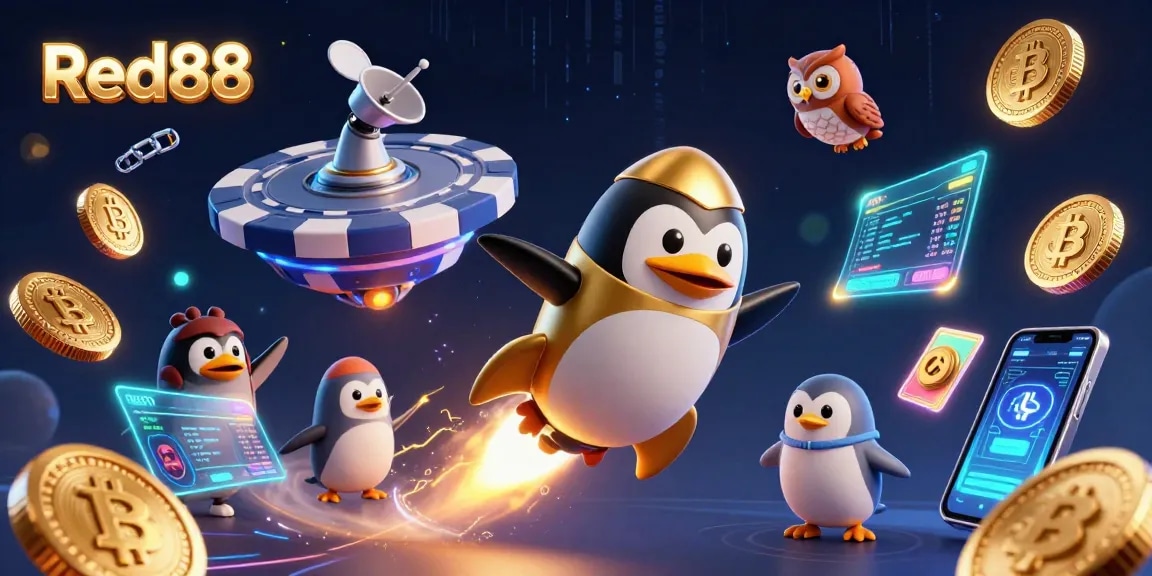 Experience the thrill of Red88 with a vibrant 3D illustration of a golden penguin racing to a casino, surrounded by crypto coins.