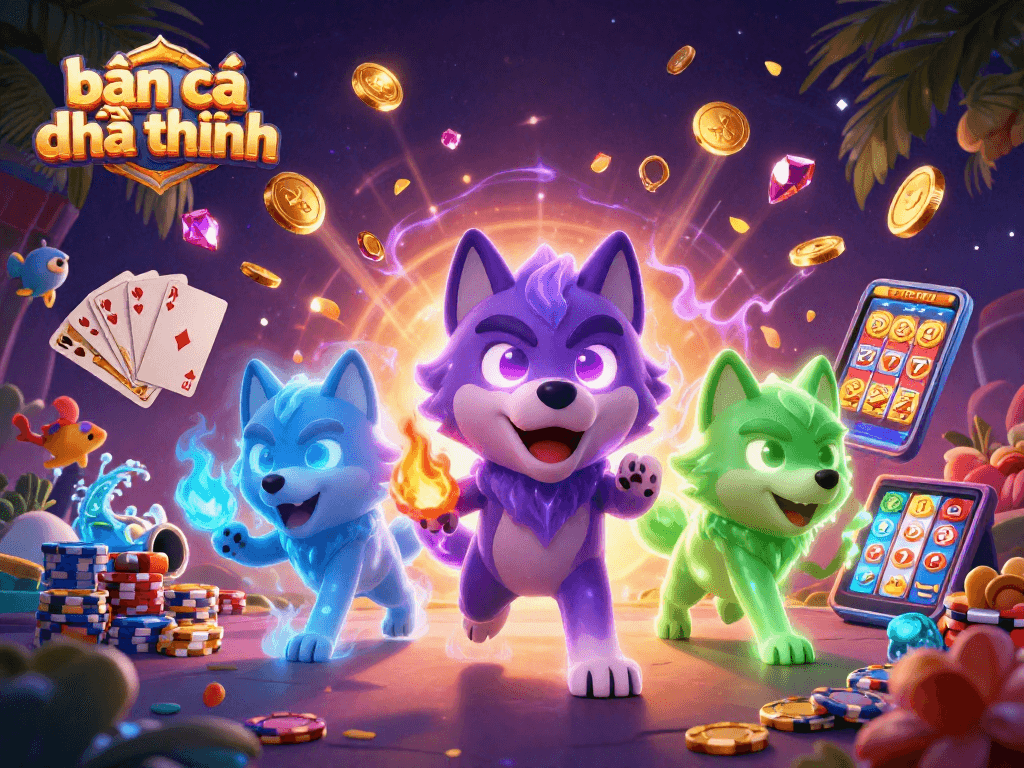 Bắn cá đổi thưởng, featuring ghostly wolves amidst vibrant casino elements like coins, cards, and a fish shooting game.
