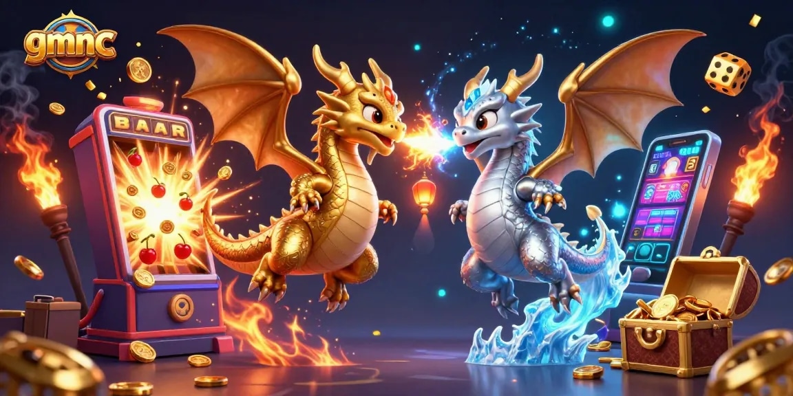 Witness the magic of gmnc with twin dragons and a vibrant casino scene filled with winnings.