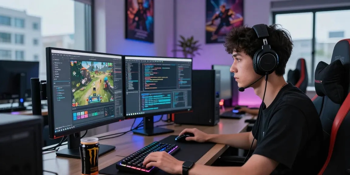 Osoba grająca w gry przy nowoczesnym komputerze, związane z game hosting.