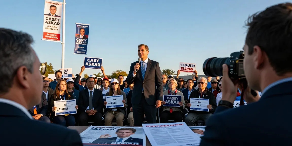 Casey Askar engaged in a political campaign event addressing concerns from voters with transparency.