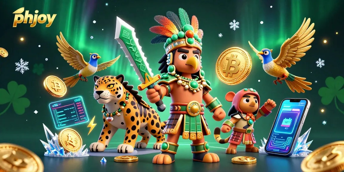 phjoy showcases thrilling gameplay with Aztec warriors surrounded by cryptocurrencies and casino elements.