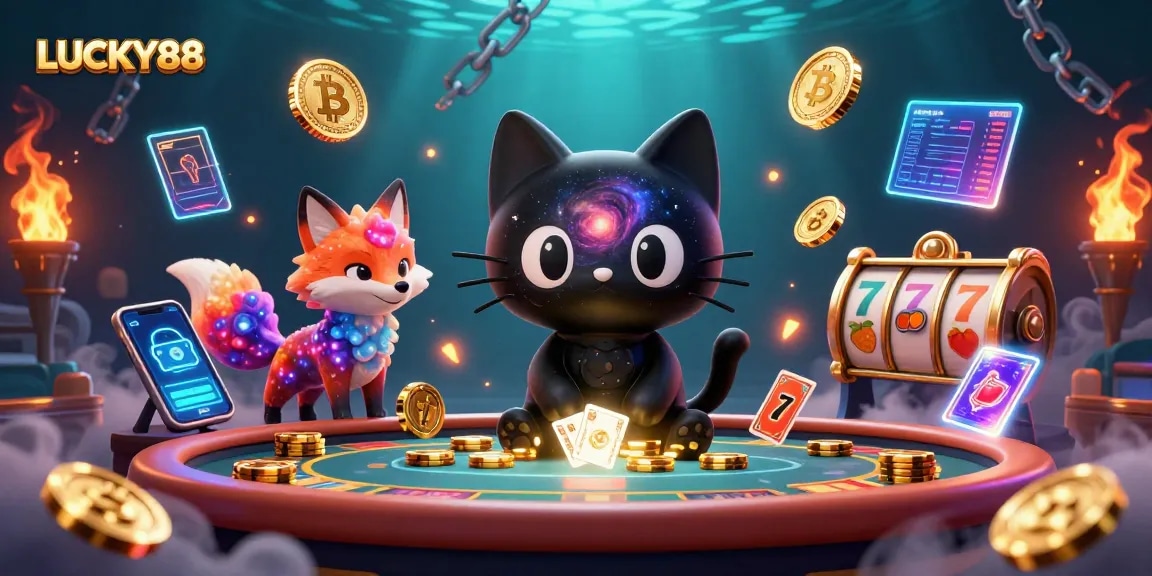 LUCKY88 showcases a lively cosmic casino scene featuring a black hole cat pulling chips, embodying excitement.