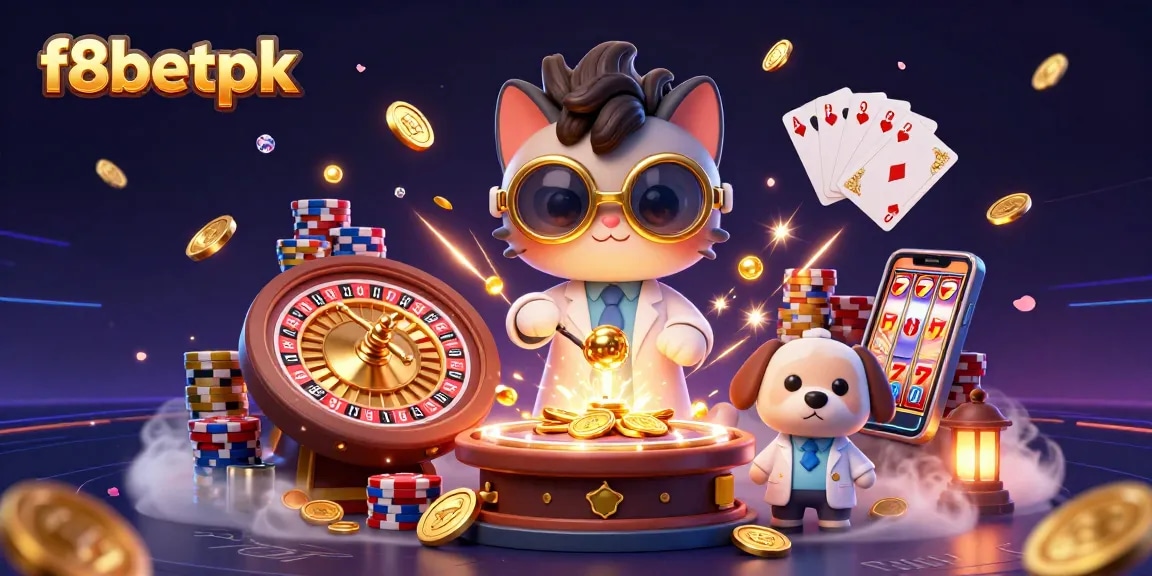 Engaging f8betpk illustration showcasing a vibrant casino scene with a mad scientist cat.