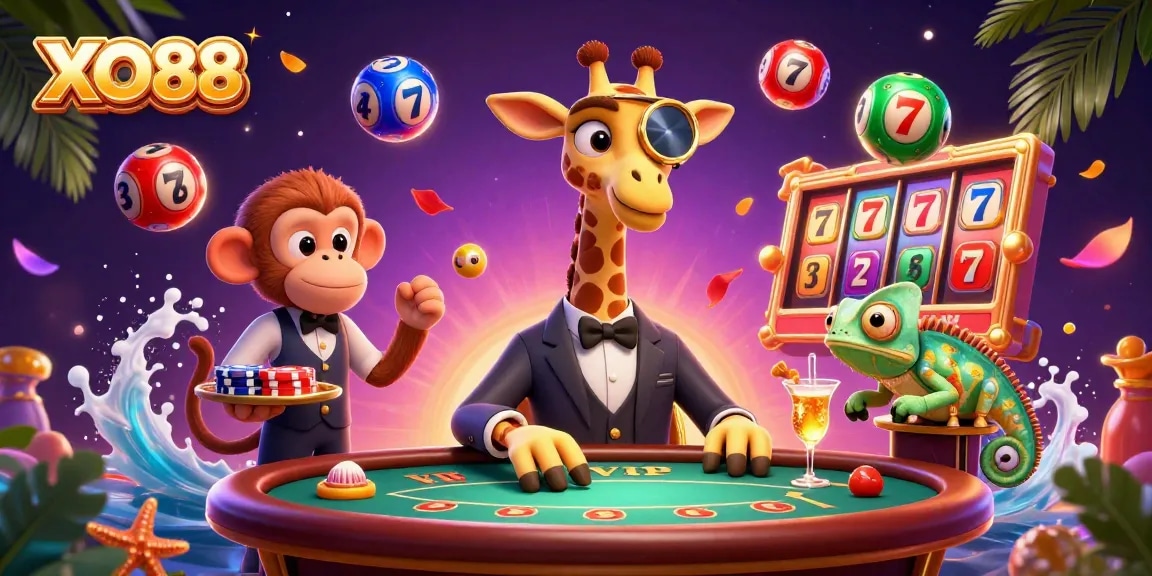 Experience the excitement of XO88 with a dazzling 3D casino scene featuring vibrant characters and game elements.