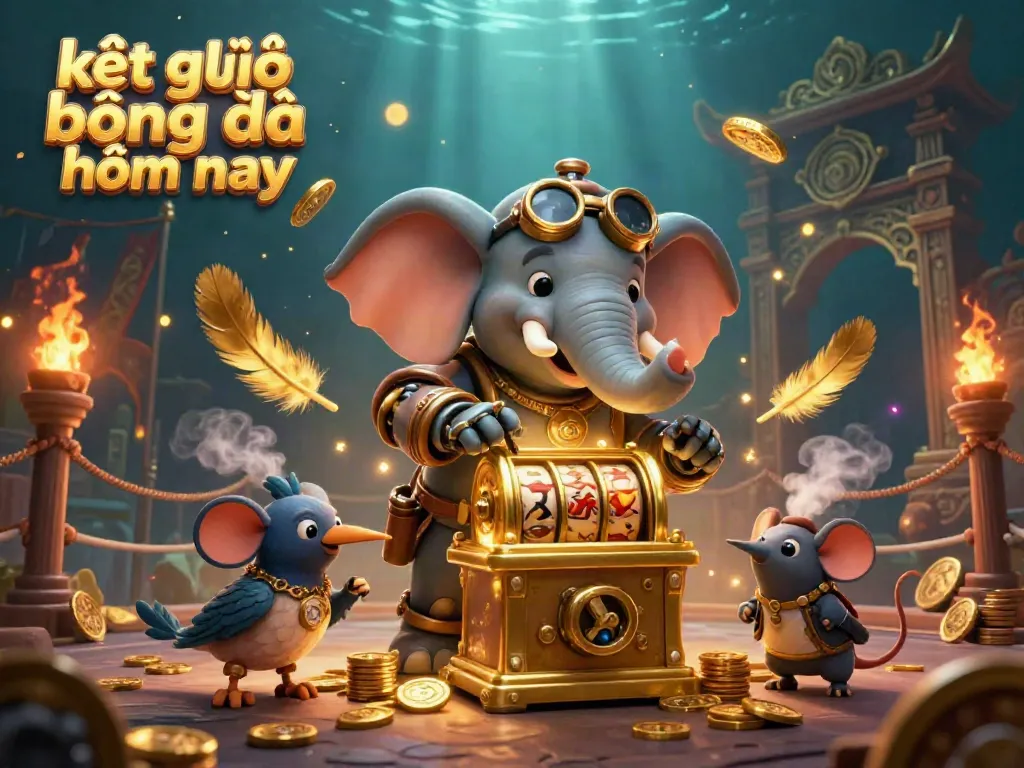 Experience the dynamic scene of a steampunk elephant operating a golden slot machine in a vibrant atmosphere for kết quả bóng đá hôm nay.