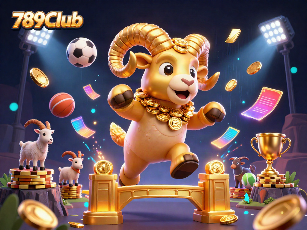 Engage with the thrilling 789Club experience, featuring a dynamic golden ram and sports elements in a vibrant casino setting.