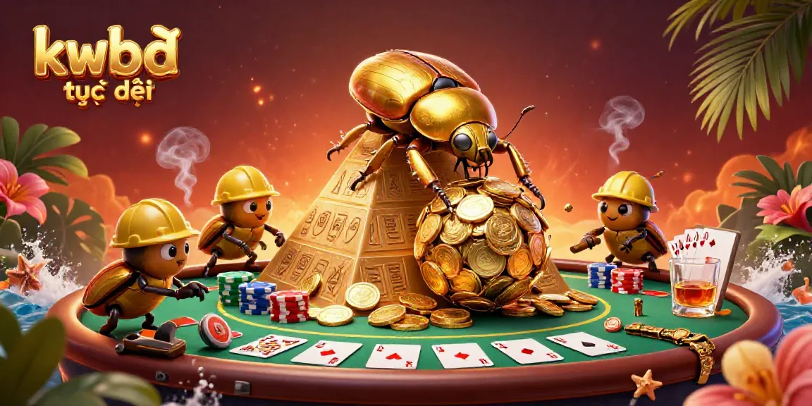 Experience kqbđ trực tiếp with vibrant casino elements and dynamic cartoon beetles in a gold-themed setting.