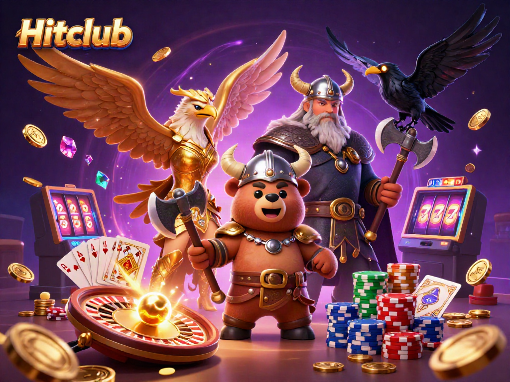 Hitclub Viking berserker bear and Valkyrie eagle diving into a fantasy casino adventure.