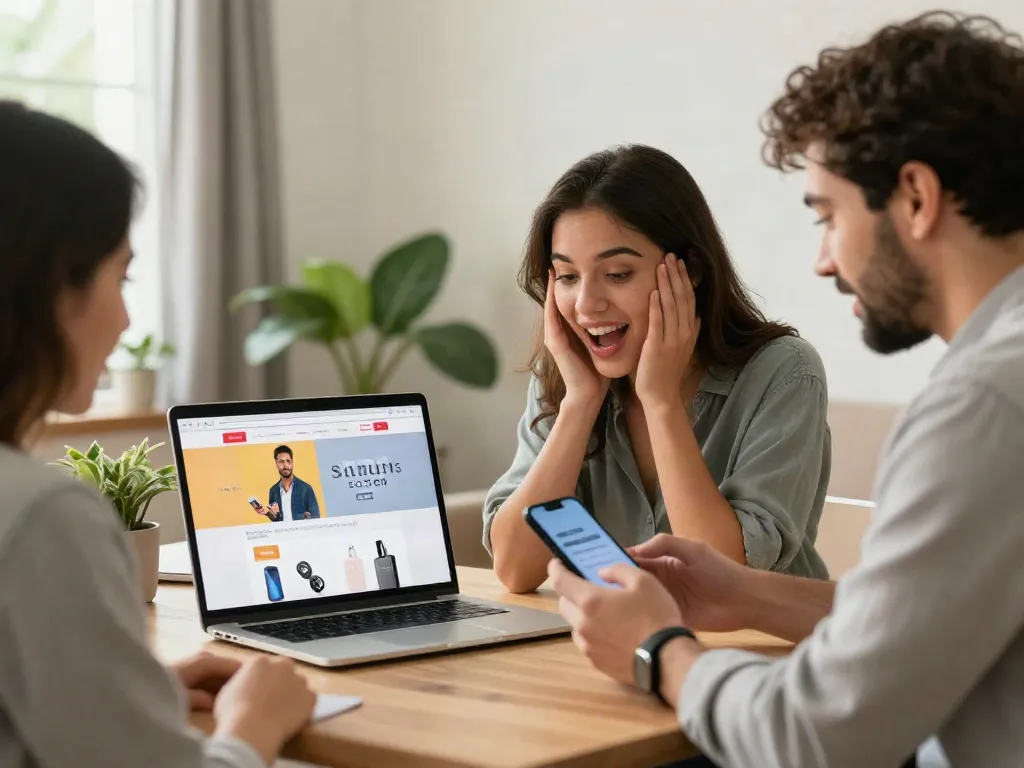 Online winkelen bij sanumstore, jonge vrouw vergelijkt producten op laptop in moderne thuisomgeving.