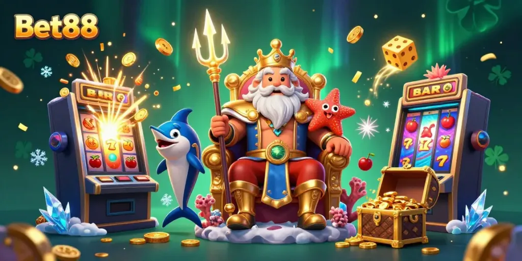 Experience the vibrant casino world with Bet88, featuring a colorful scene of Neptune and casino elements.