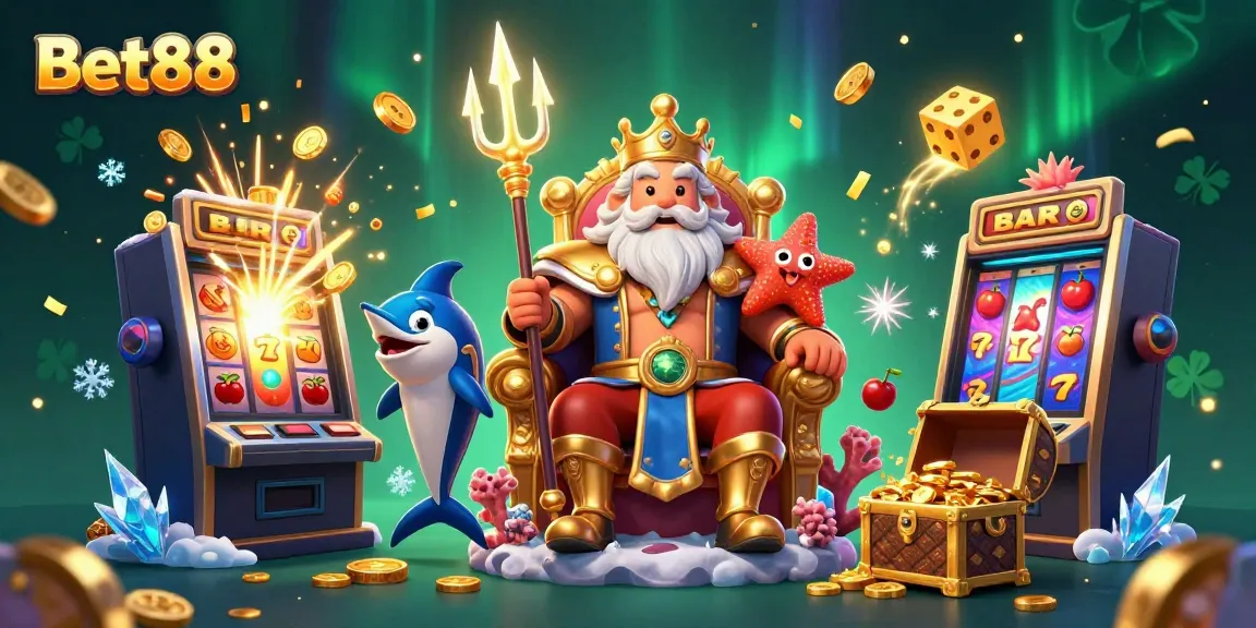 Experience the vibrant casino world with Bet88, featuring a colorful scene of Neptune and casino elements.