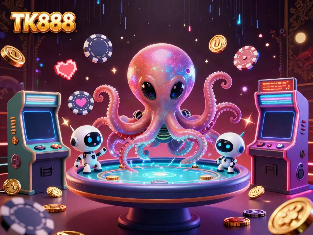 Experience gambling excitement with TK888's unique games surrounded by vibrant arcade elements.