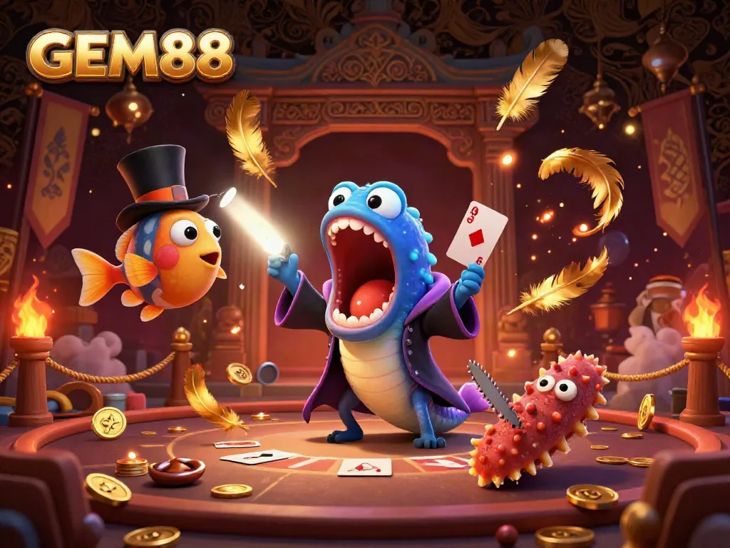 Experience the magic of GEM88 with bioluminescent sea creatures performing thrilling card tricks in a vibrant casino atmosphere.