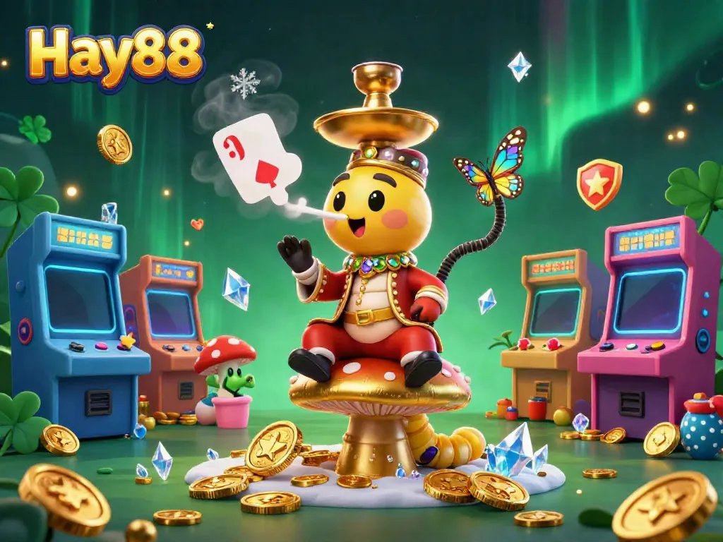 Play with captivating Hay88 gameplay featuring an enchanting caterpillar hookah-master in a golden mushroom throne.