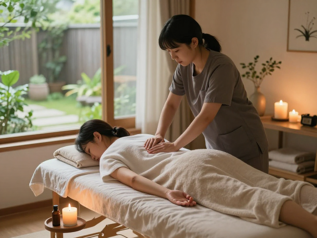 An Incheon 출장마사지 session in a soothing home environment, therapist providing relaxation treatment with candles and essential oils