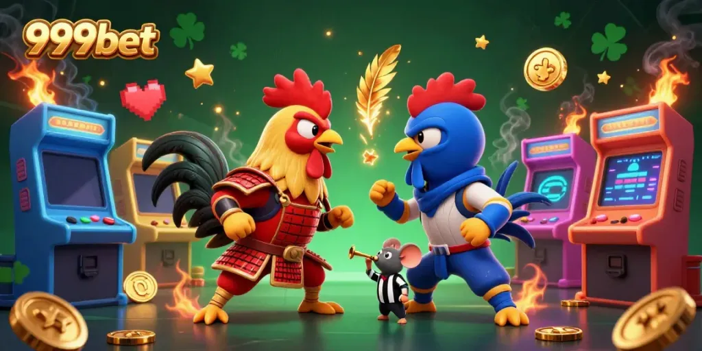 Engage with the thrilling duel of samurai and ninja roosters at 999bet, embellished with vibrant game elements and golden rewards.