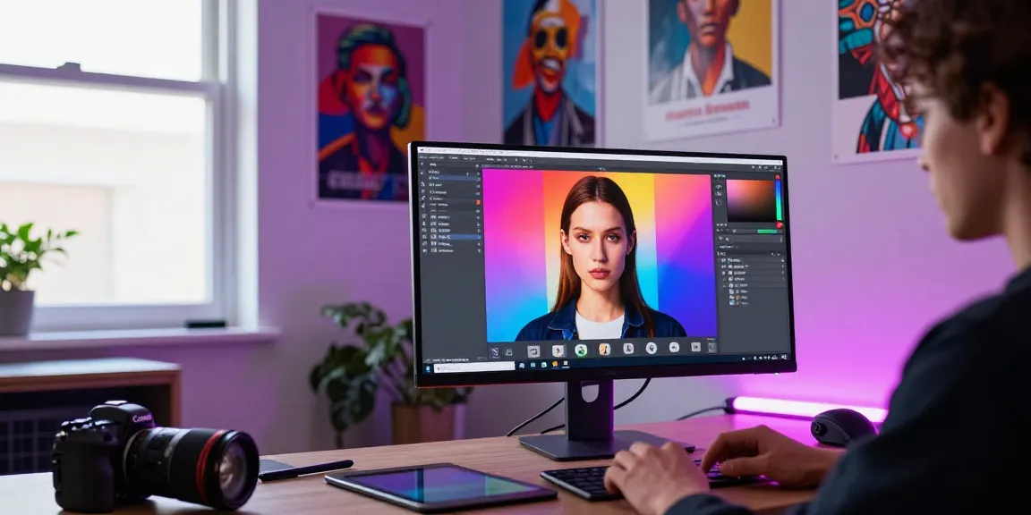 Der Face Swap Generator zeigt kreative Gesichtstausch-Optionen in einem lebhaften digitalen Kunststudio.