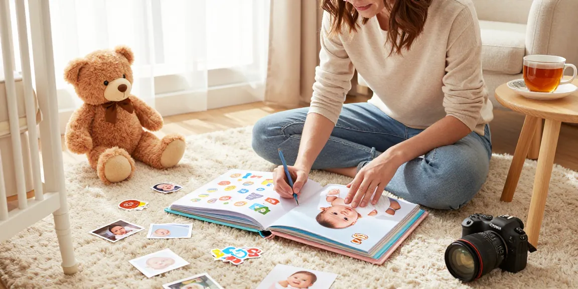 Besondere Momente einfangen, während Sie ein Babyalbum kaufen in einem gemütlichen Kinderzimmer mit einem Elternteil, der Erinnerungen schafft.