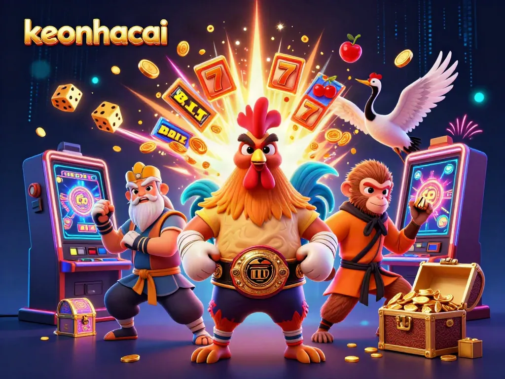 Experience adventure with keonhacai as the Muay Thai rooster, Shaolin monkey, and crane master celebrate a jackpot explosion of coins.