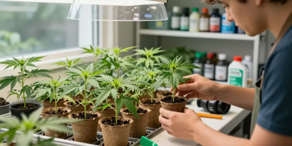 Hanf stecklinge kaufen in a vibrant indoor nursery with healthy seedlings and gardening tools.